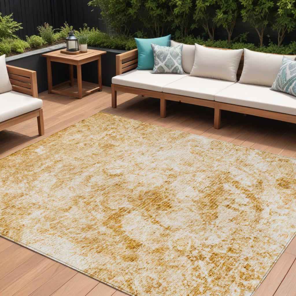 8' X 10' Beige and Gold Abstract Washable Non Skid Indoor Outdoor Area Rug