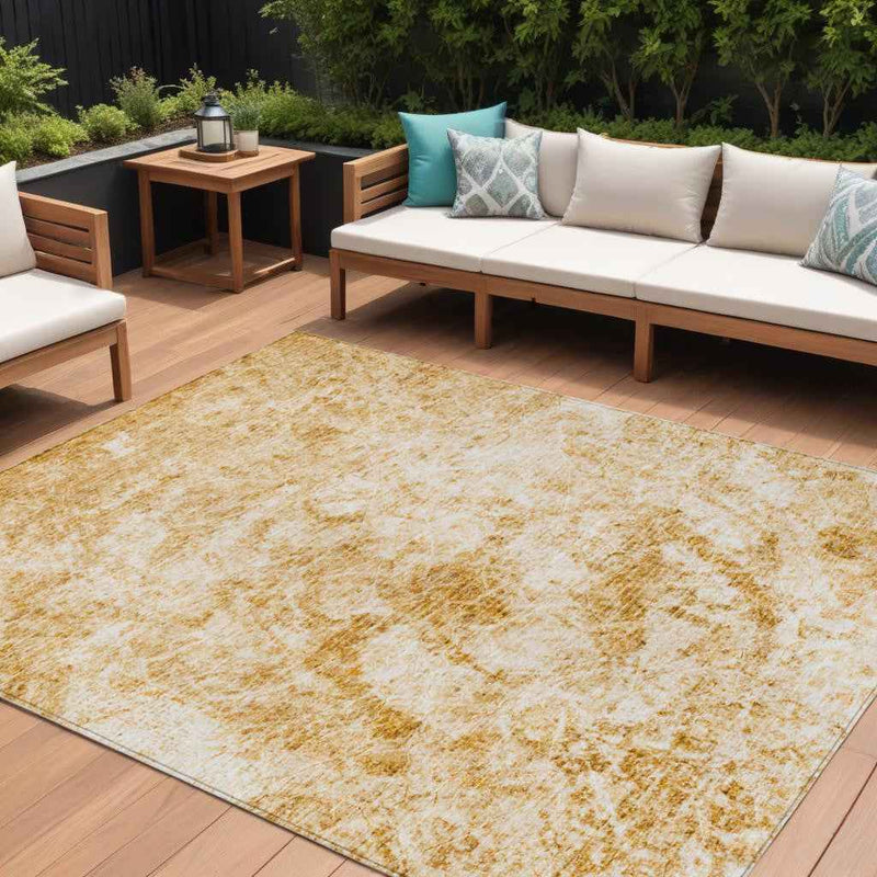 8' X 10' Beige and Gold Abstract Washable Non Skid Indoor Outdoor Area Rug