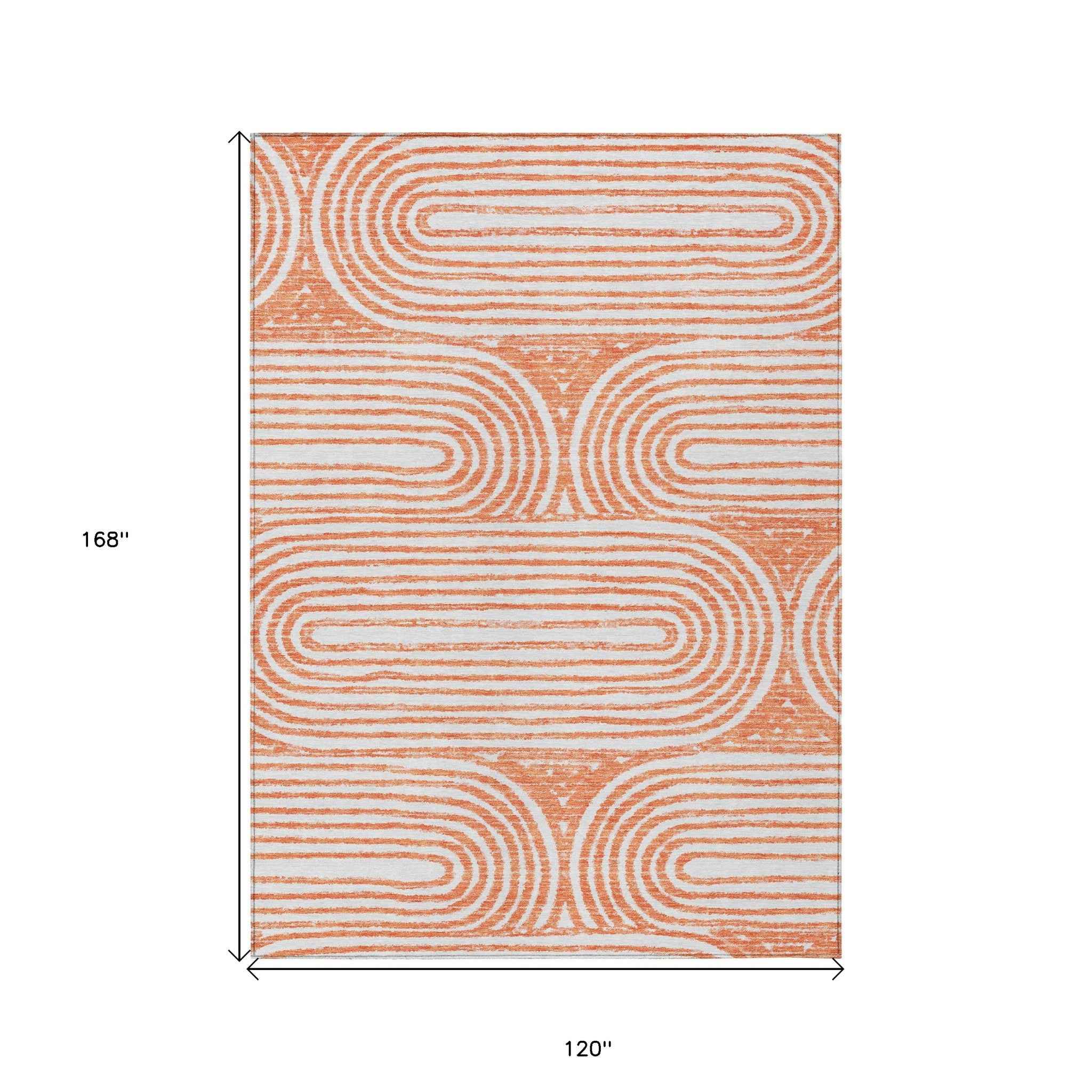 10' X 14' Orange and Ivory Abstract Washable Non Skid Indoor Outdoor Area Rug