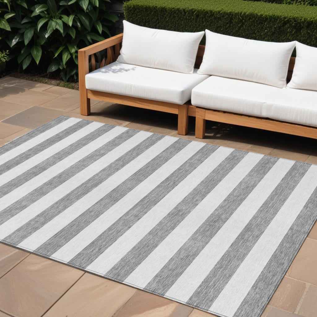 10' X 14' Gray and White Striped Washable Indoor Outdoor Area Rug