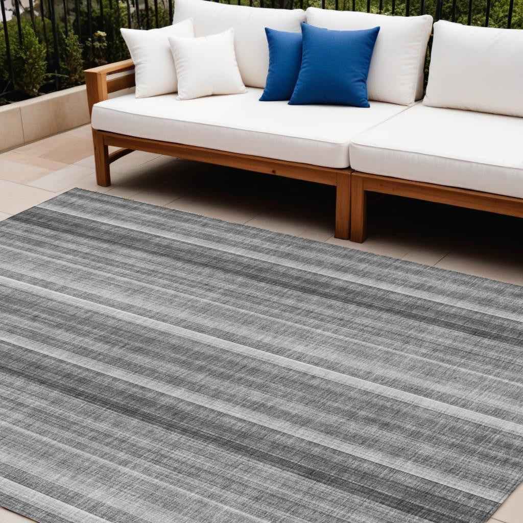 9' X 12' Gray Striped Washable Non Skid Indoor Outdoor Area Rug