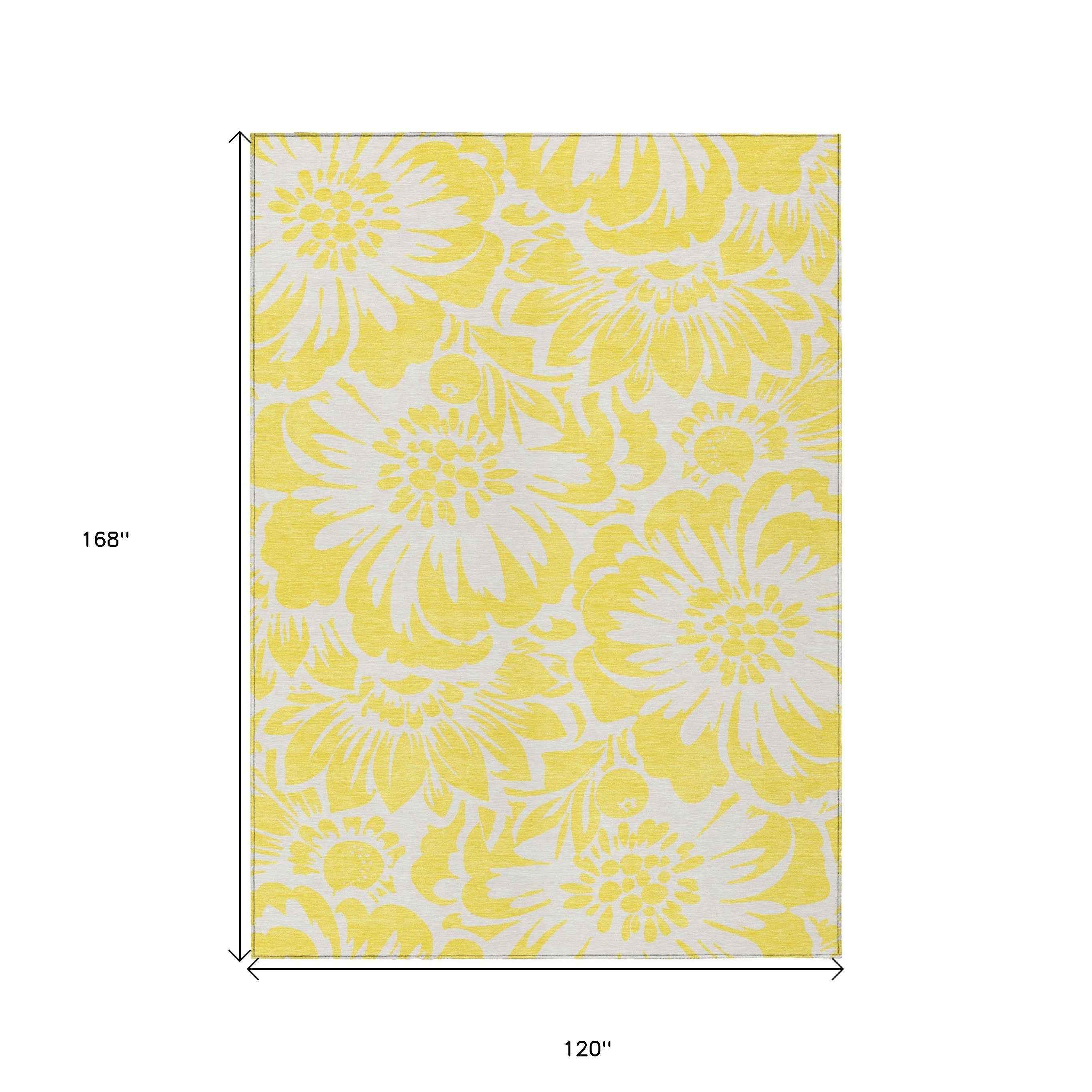 10' X 14' Yellow and Ivory Floral Washable Non Skid Indoor Outdoor Area Rug