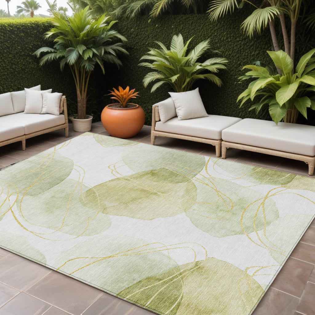 9' X 12' Green And Ivory Abstract Washable Indoor Outdoor Area Rug