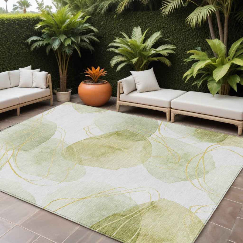9' X 12' Green And Ivory Abstract Washable Indoor Outdoor Area Rug