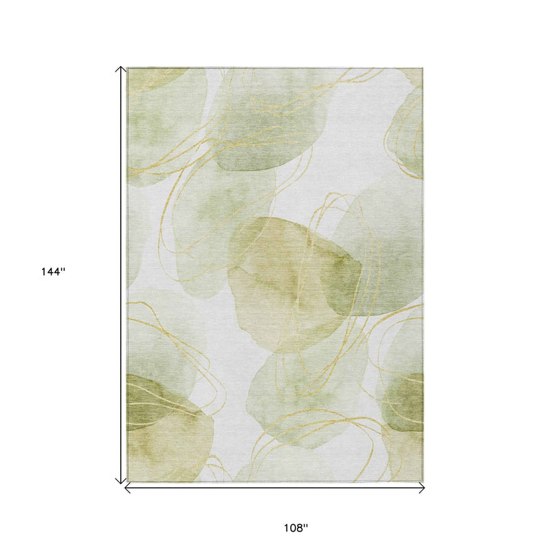 9' X 12' Green And Ivory Abstract Washable Indoor Outdoor Area Rug