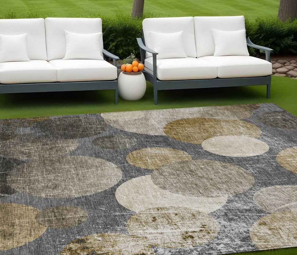 10' X 14' Brown Beige and Ivory Abstract Washable Non Skid Indoor Outdoor Area Rug