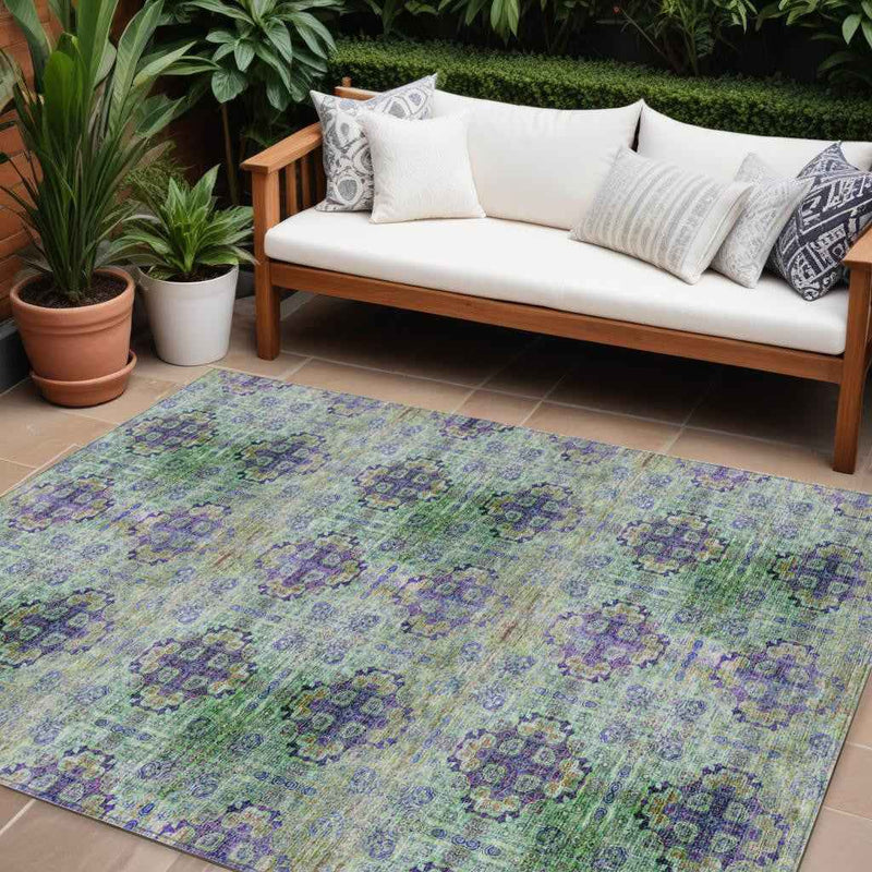 10' X 14' Purple and Green Floral Medallion Washable Non Skid Indoor Outdoor Area Rug