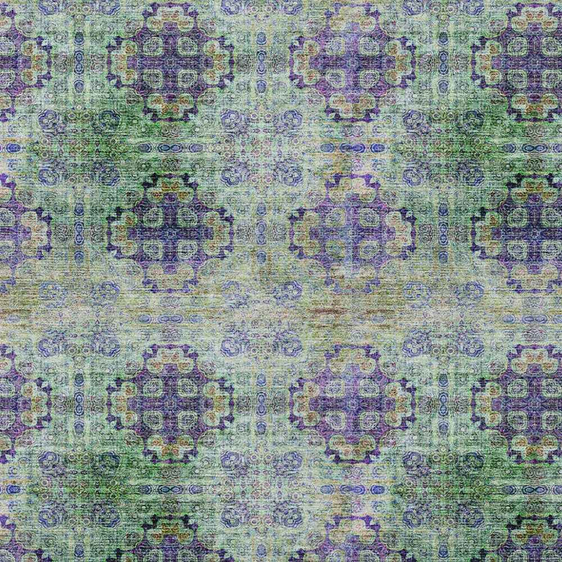 8' X 10' Purple and Green Floral Medallion Washable Non Skid Indoor Outdoor Area Rug