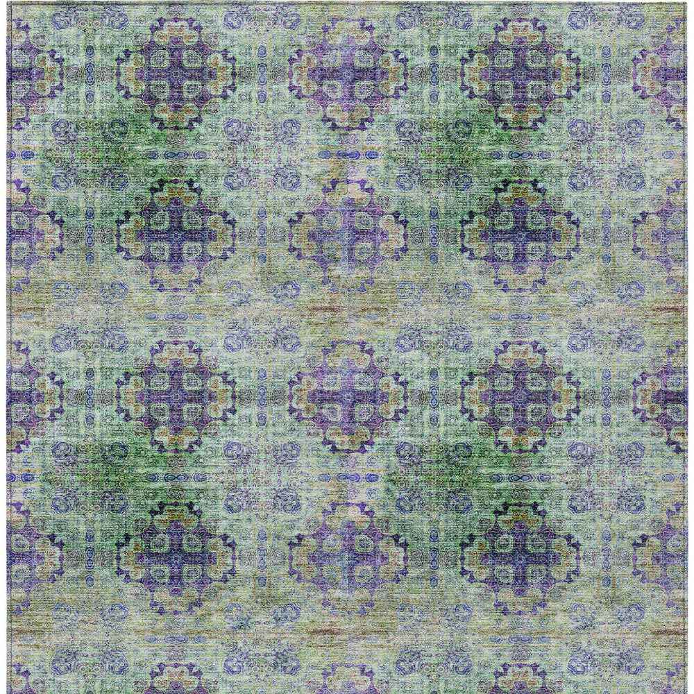 8' X 10' Purple and Green Floral Medallion Washable Non Skid Indoor Outdoor Area Rug