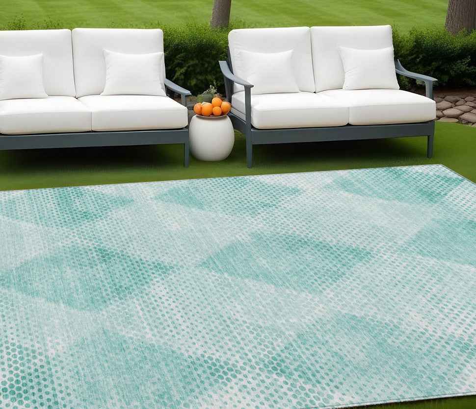 9' X 12' Teal Geometric Washable Non Skid Indoor Outdoor Area Rug