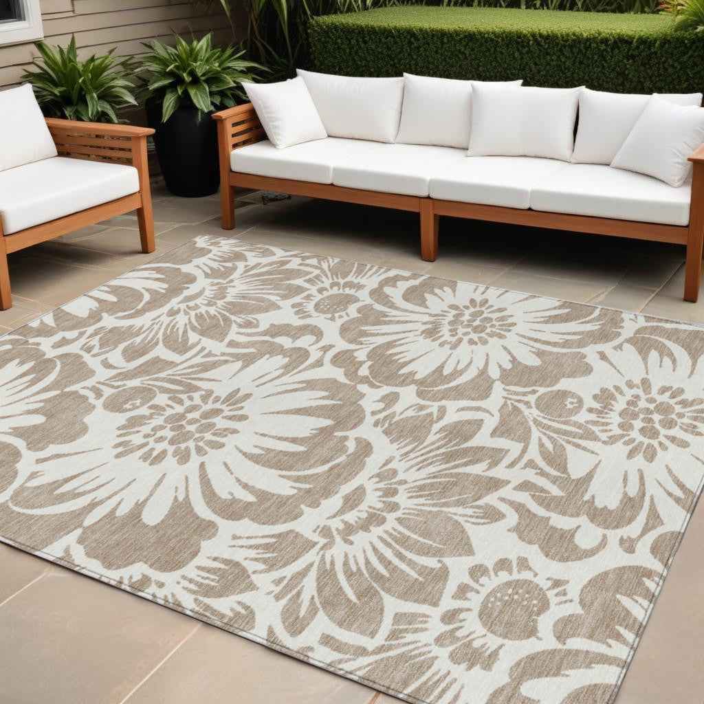8' X 10' Taupe and Ivory Floral Washable Non Skid Indoor Outdoor Area Rug
