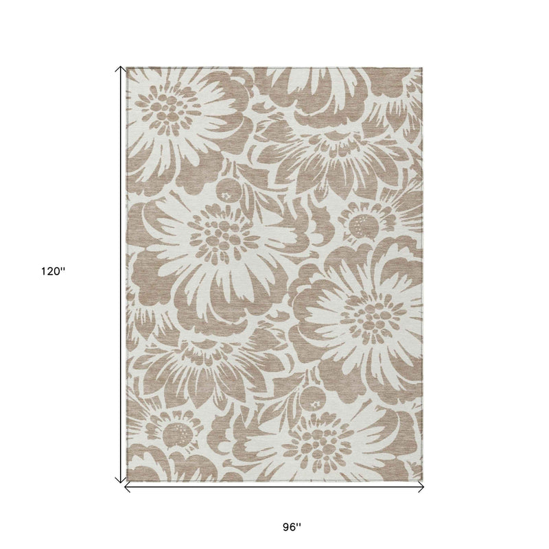 8' X 10' Taupe and Ivory Floral Washable Non Skid Indoor Outdoor Area Rug