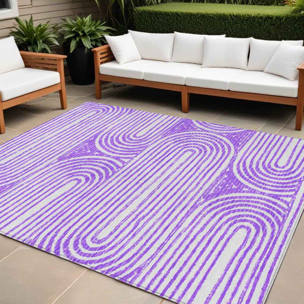 10' X 14' Purple And White Abstract Washable Indoor Outdoor Area Rug