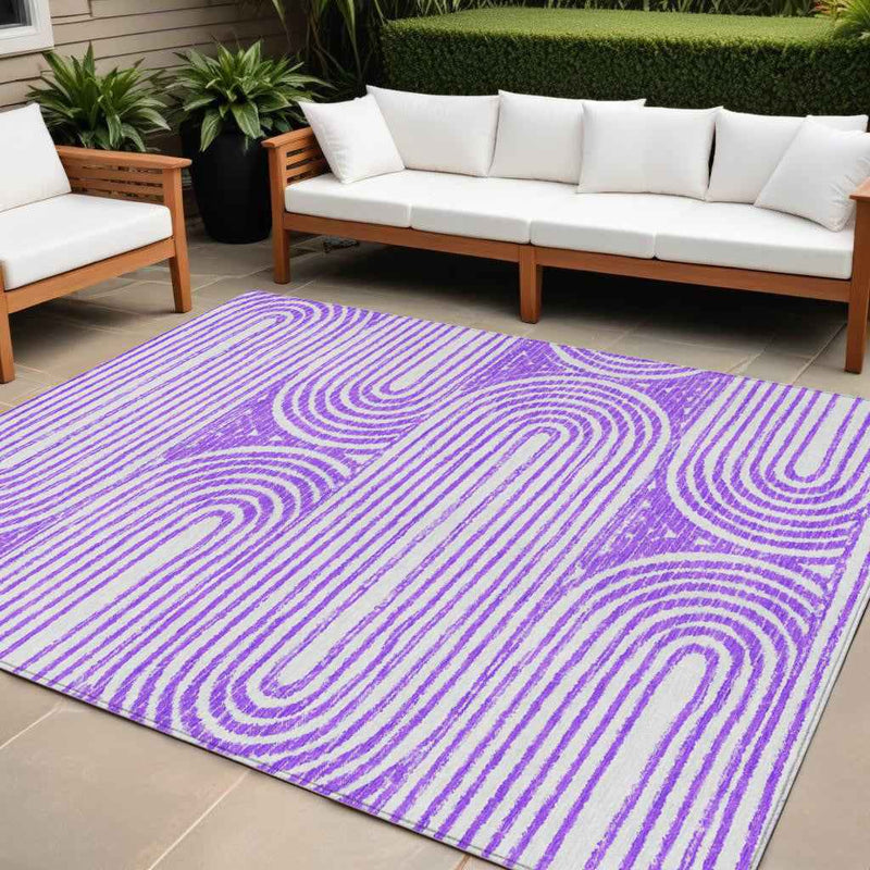 10' X 14' Purple And White Abstract Washable Indoor Outdoor Area Rug