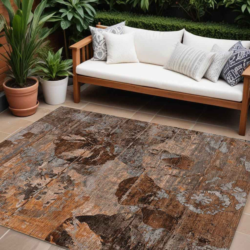 10' X 14' Brown Terracotta and Gray Abstract Washable Indoor Outdoor Area Rug