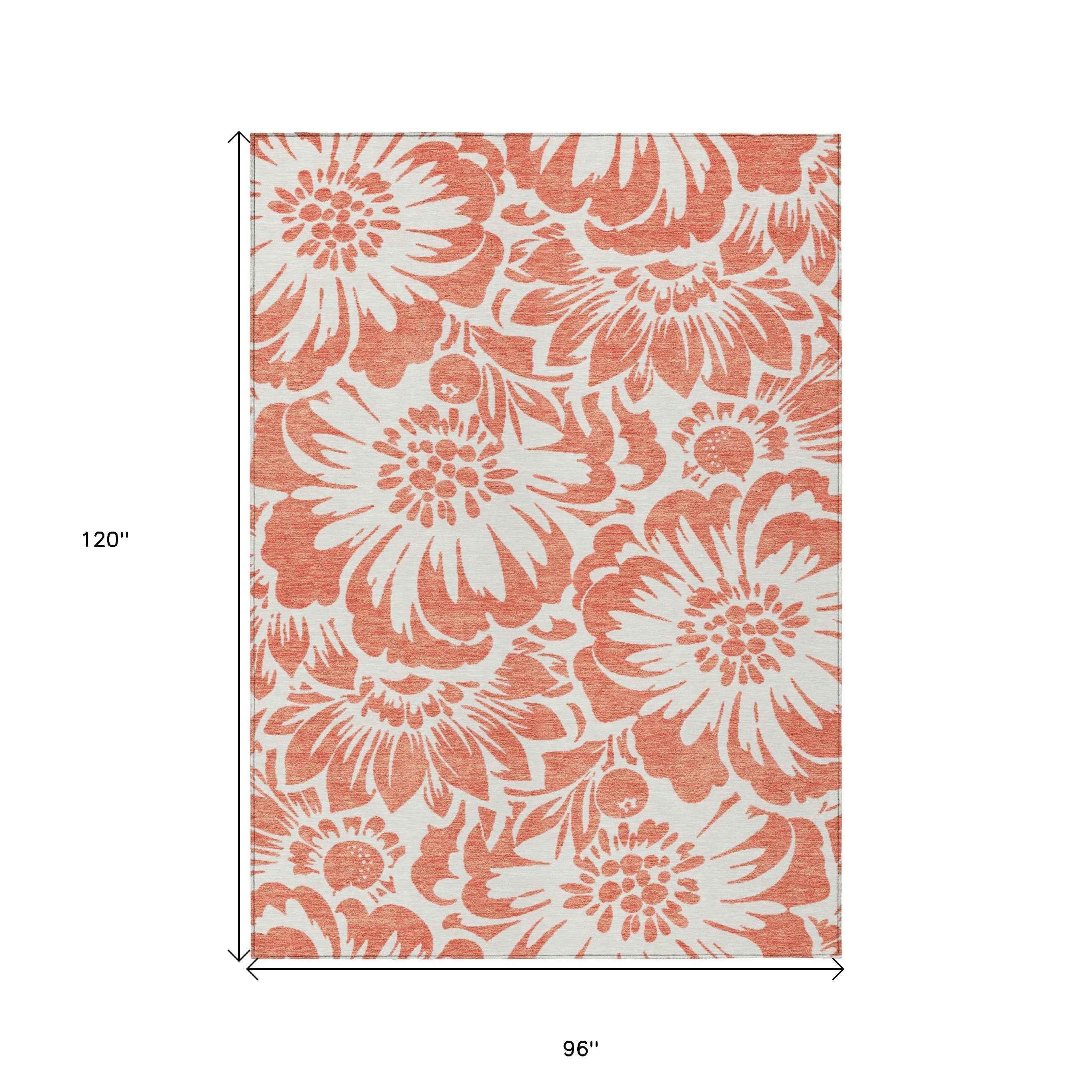 8' X 10' Salmon and Ivory Floral Washable Non Skid Indoor Outdoor Area Rug