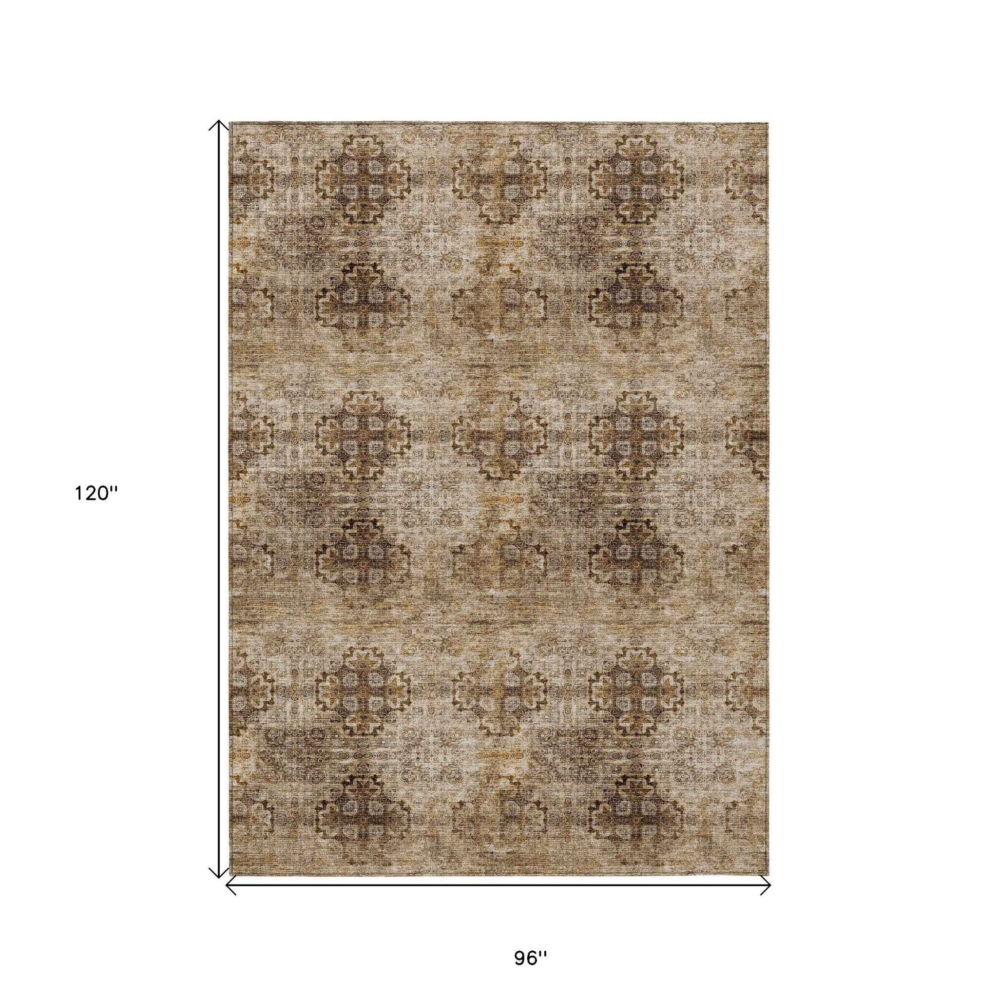 8' X 10' Taupe Floral Medallion Washable Non Skid Indoor Outdoor Area Rug