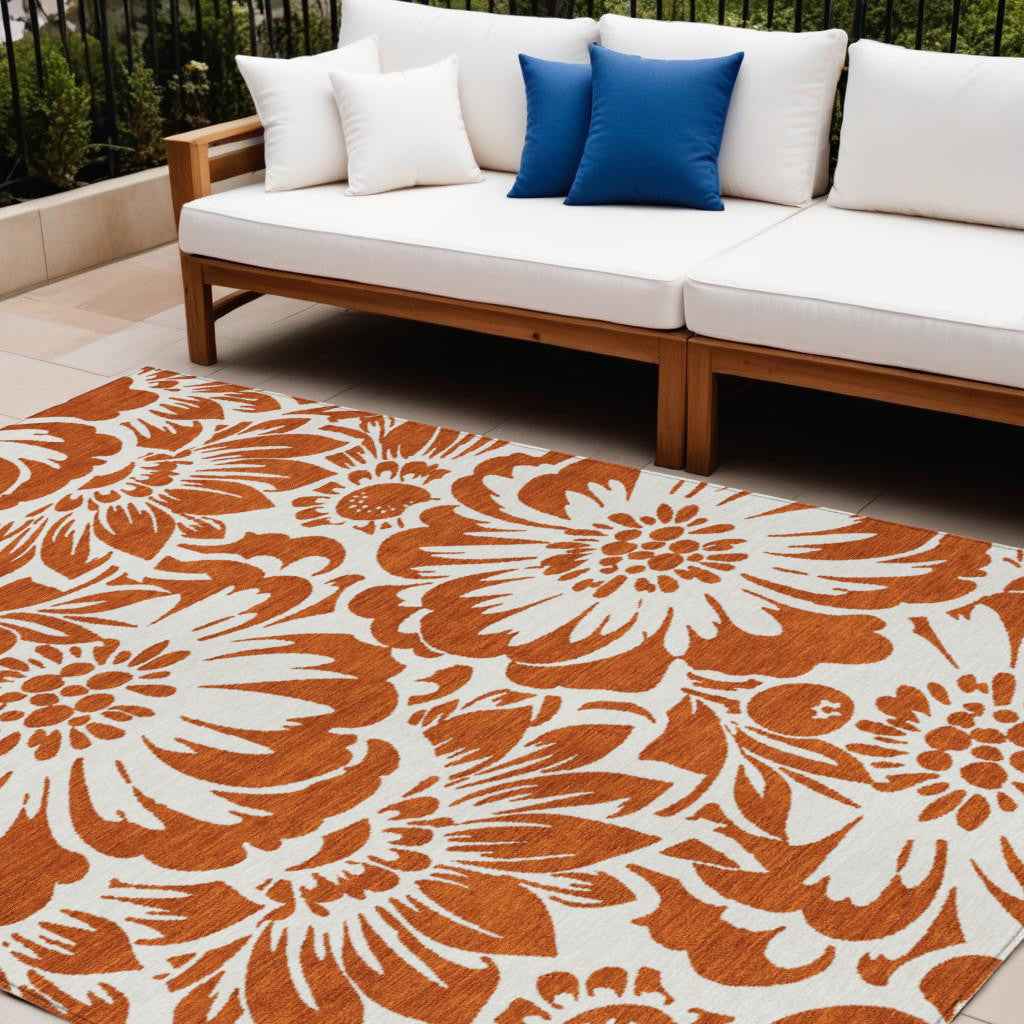 10' X 14' Rust and Ivory Floral Washable Non Skid Indoor Outdoor Area Rug