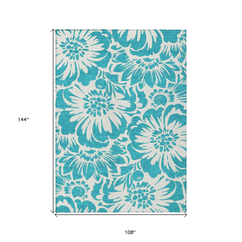 9' X 12' Teal and Ivory Floral Washable Non Skid Indoor Outdoor Area Rug