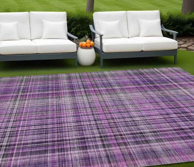 10' X 14' Purple and Gray Plaid Washable Non Skid Indoor Outdoor Area Rug