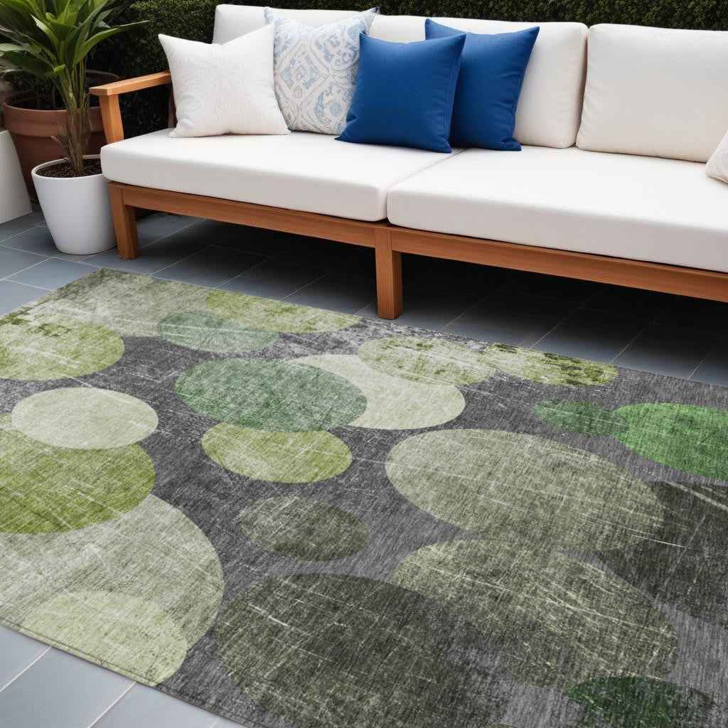 9' X 12' Green And Gray Abstract Washable Indoor Outdoor Area Rug
