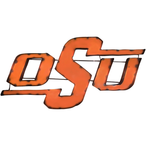 Recycled metal wall decor with OSU orange lettering and cutout frame