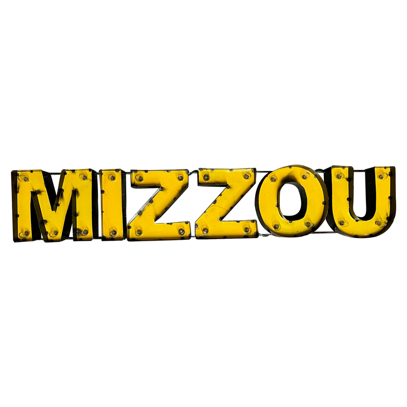 Yellow Mizzou recycled metal wall decor letters with black outlines, unlit marquee bulbs