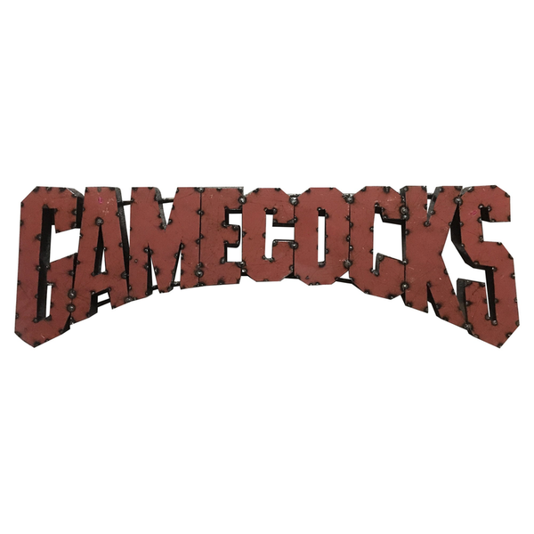 Recycled metal wall decor with GAMECOCKS cutout letters and hanging hooks