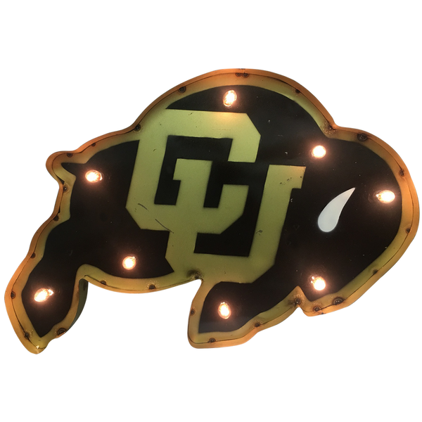 Lighted buffalo-shaped metal wall decor with CU logo and glowing bulbs