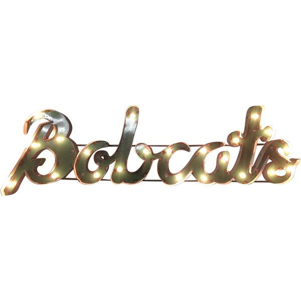 Lighted metal cursive sign with glowing bulbs spelling "Bobcats"