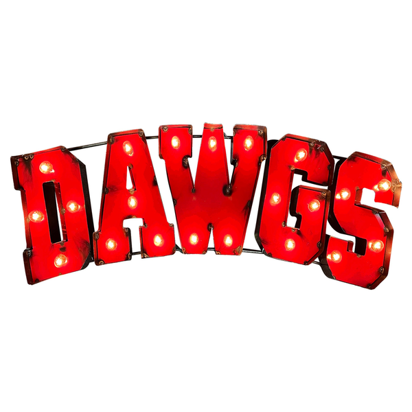 Lighted metal wall decor with red DAWGS letters and glowing bulbs