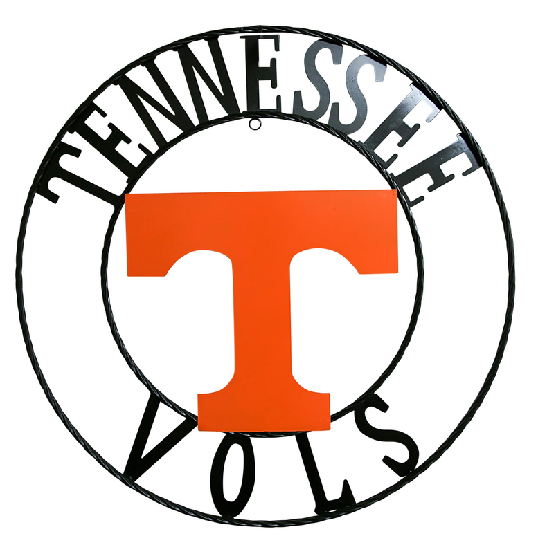 Round wrought iron wall decor with Tennessee wordmark and orange T logo