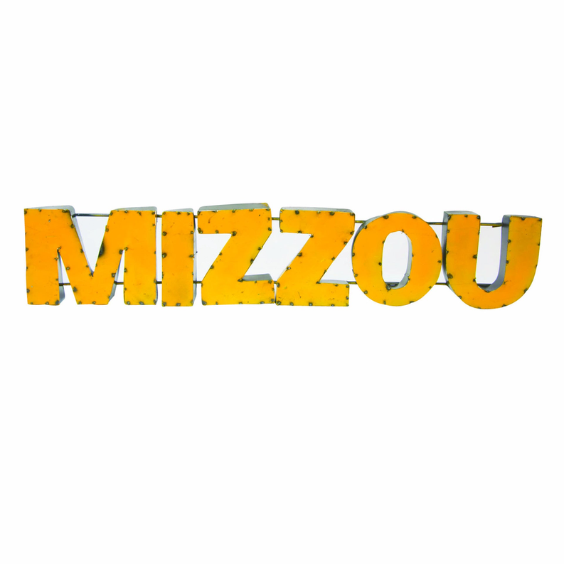 Yellow MIZZOU metal wall decor sign with distressed finish and cutouts