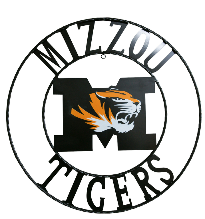 Wrought iron circular wall decor with MIZZOU TIGERS text and orange/white tiger head