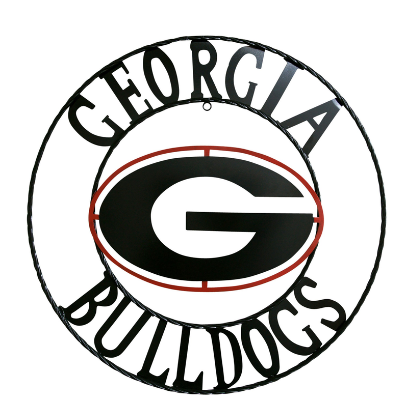 Round wrought iron wall decor with Georgia Bulldog logo and stylized text