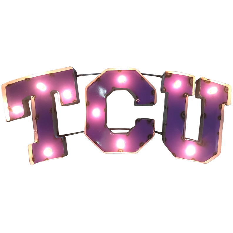 Lighted metal wall decor with illuminated TCU letters, purple outline and pink bulbs