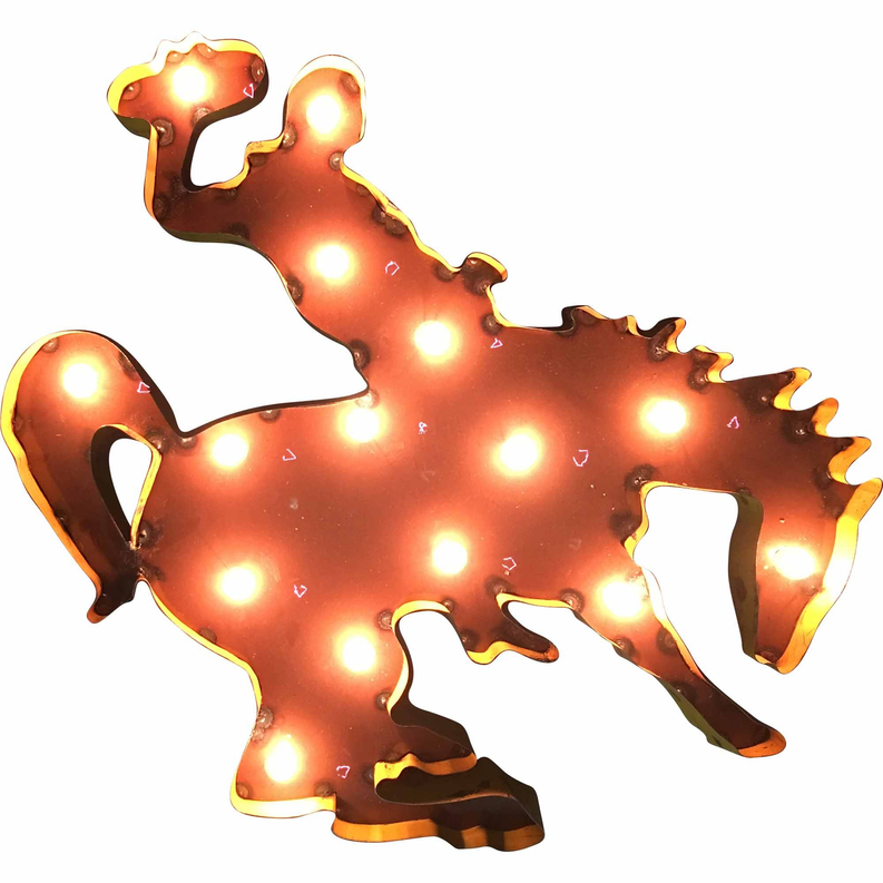 Lighted recycled metal wall decor of a horse mascot silhouette with glowing bulbs