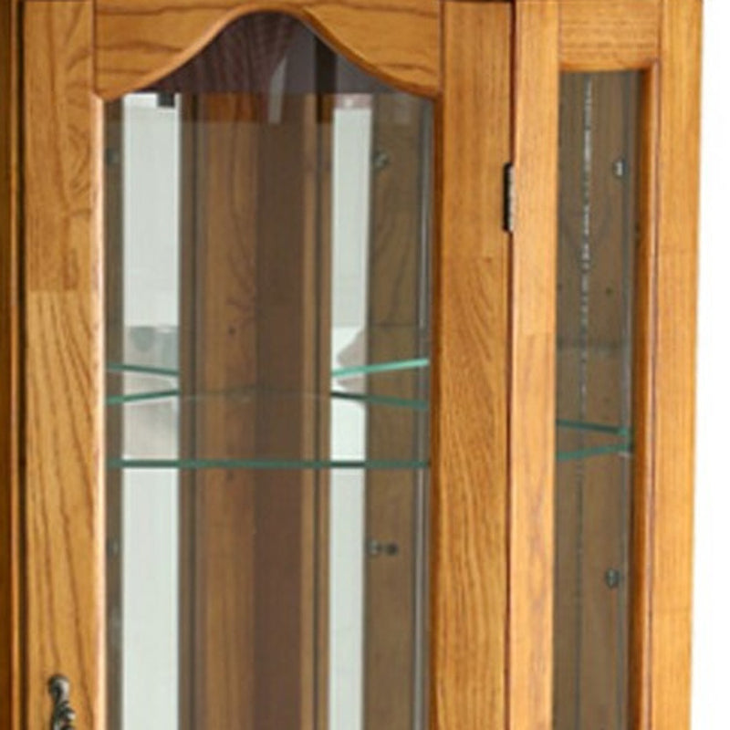 Golden Oak Scallop Top Lighted Corner Curio Cabinet - Kitchen & Dining