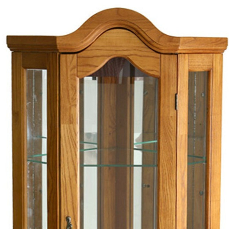 Golden Oak Scallop Top Lighted Corner Curio Cabinet - Kitchen & Dining