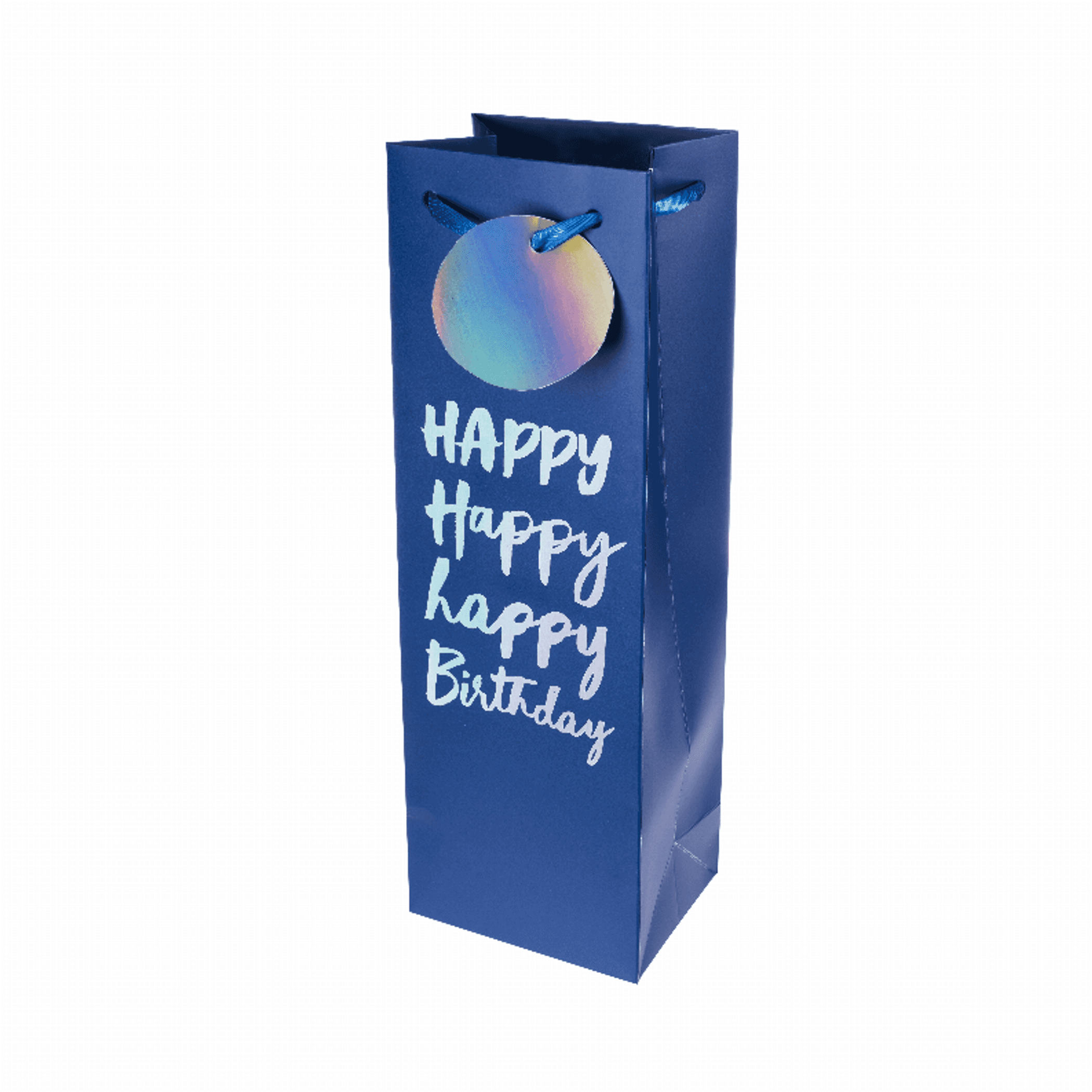 Blue birthday single-bottle wine gift bag with Happy Birthday print and rope handle