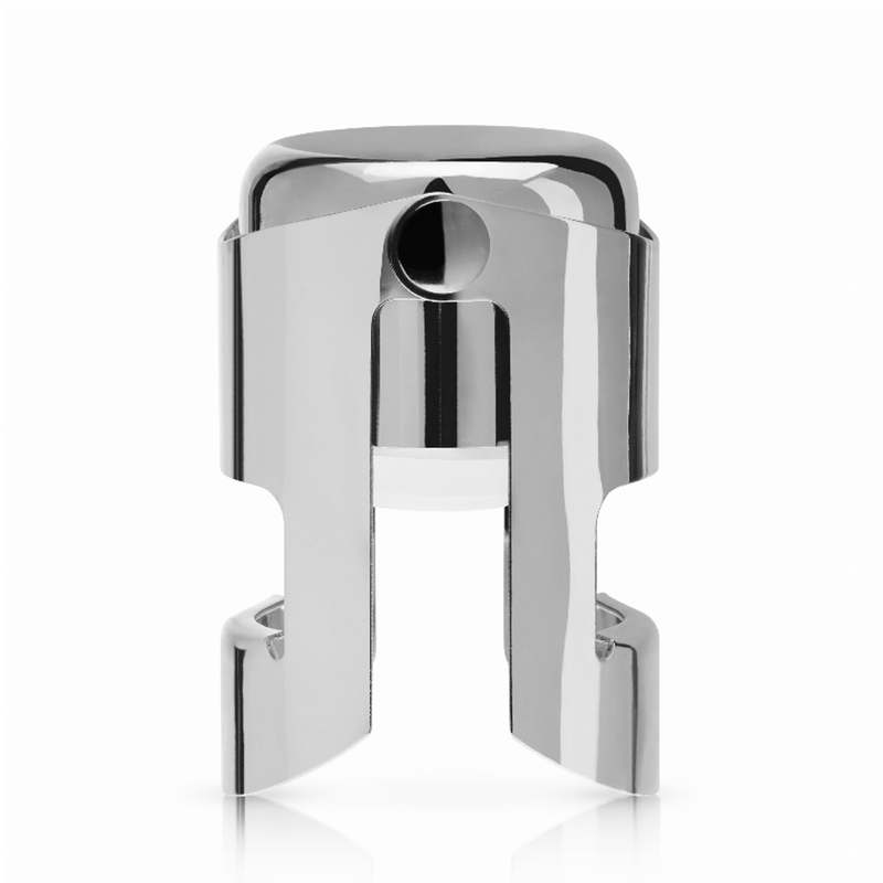 Silver champagne stopper in chrome finish, central opening with two side legs.