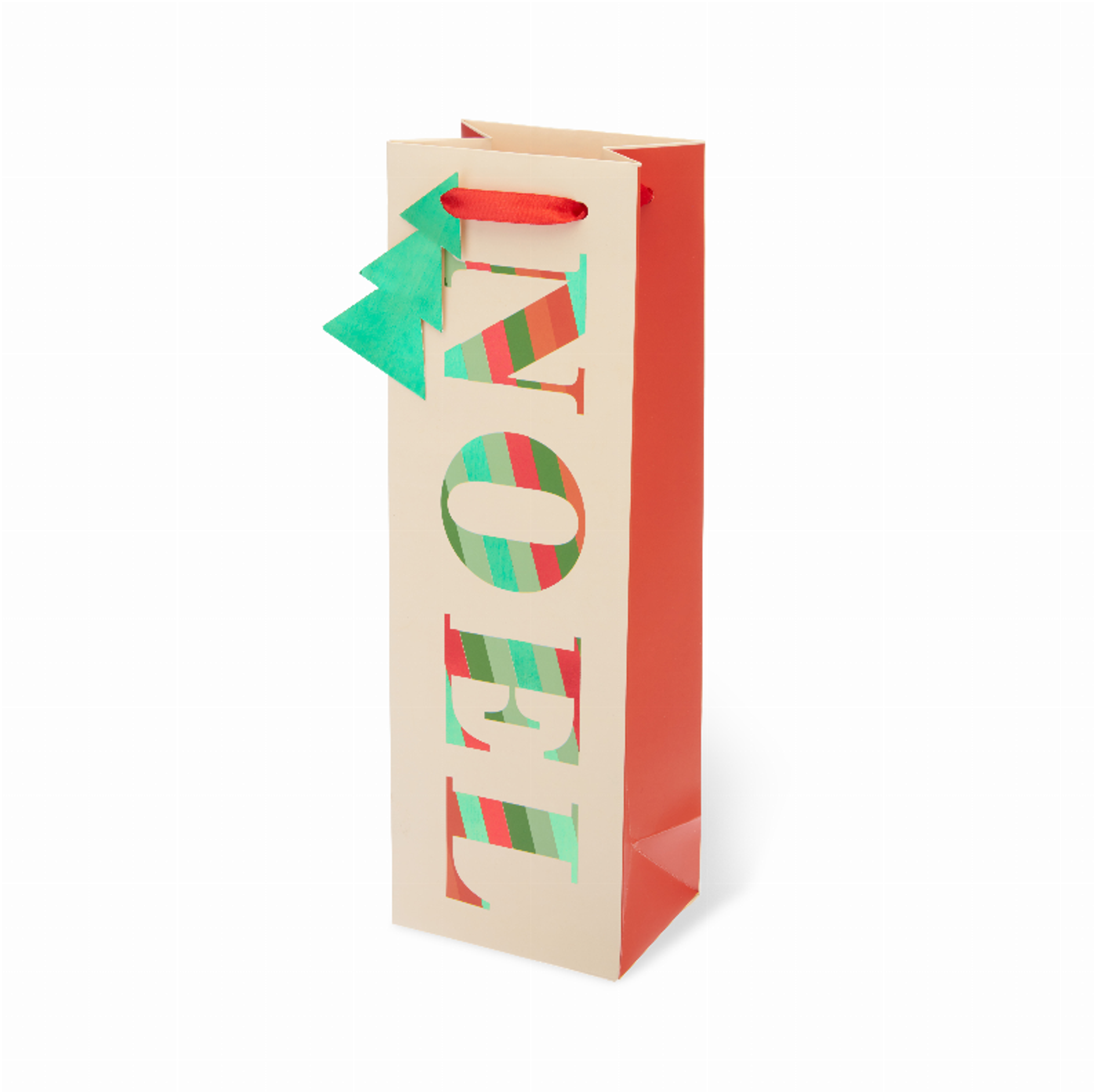 Single-bottle wine gift bag with colorful Noel lettering and red/green striped design