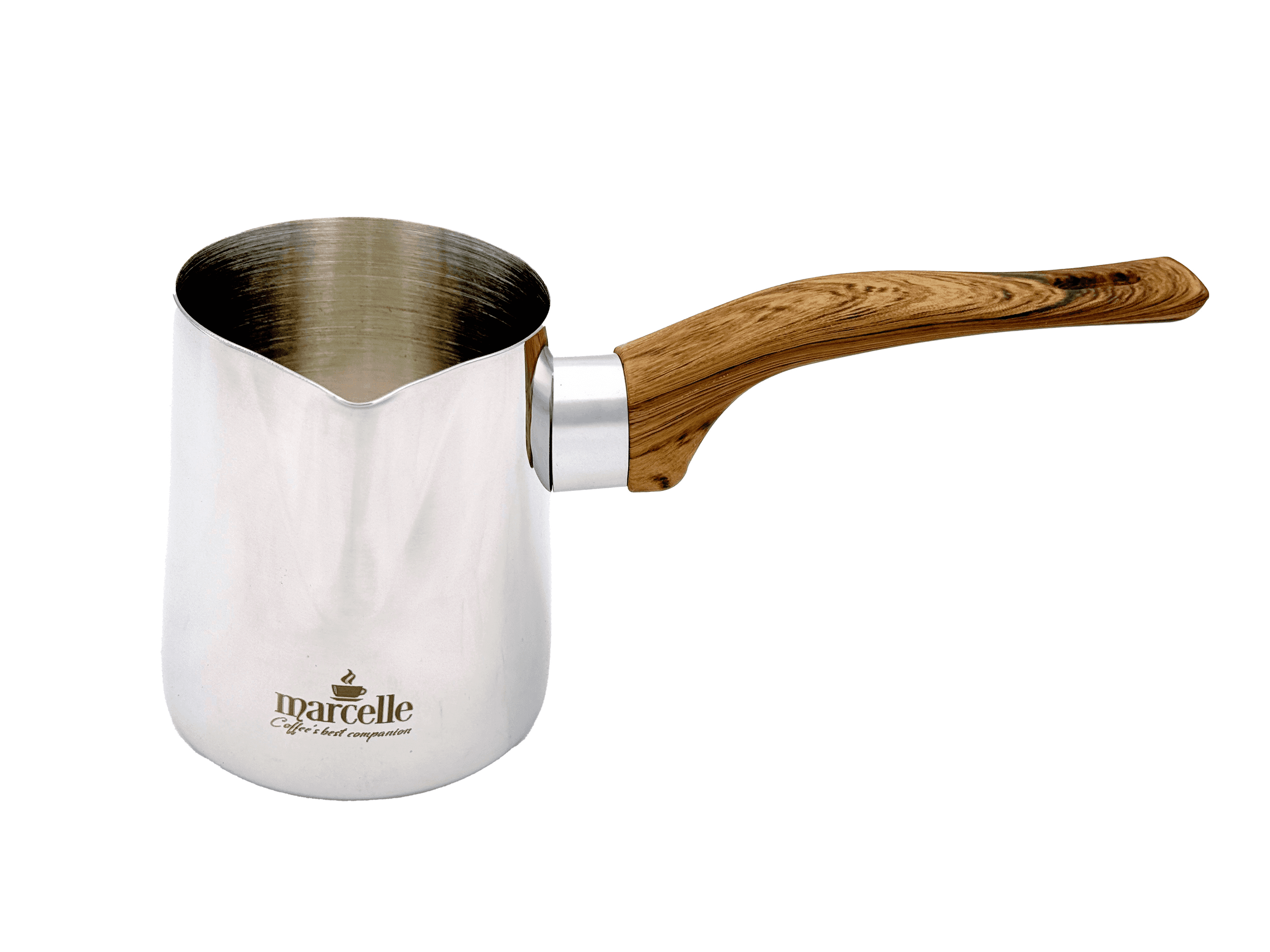 Marcelle stainless steel milk/coffee warmer pot with wooden handle