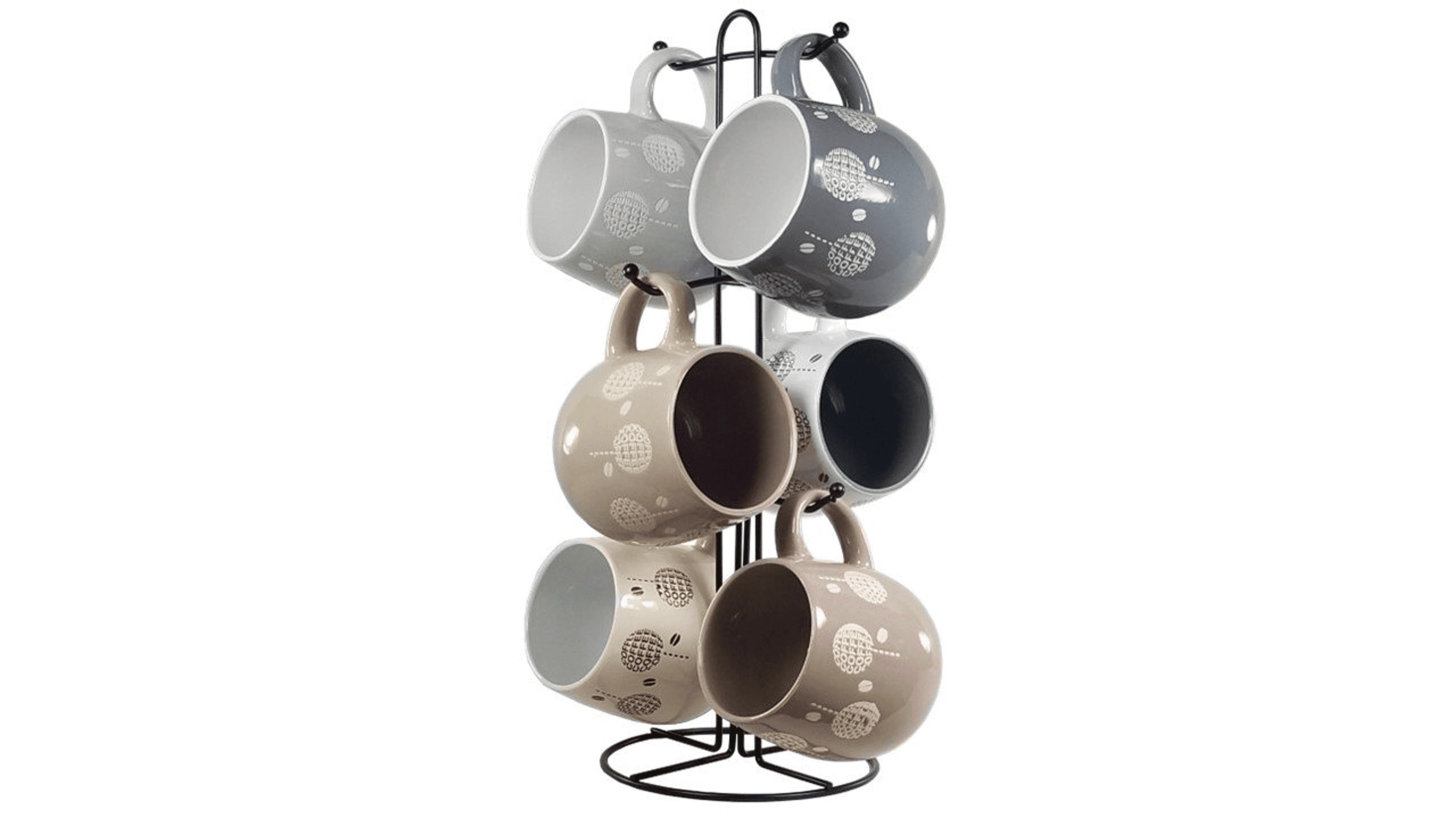 6-piece coffee mug set on black metal rack, mixed colors