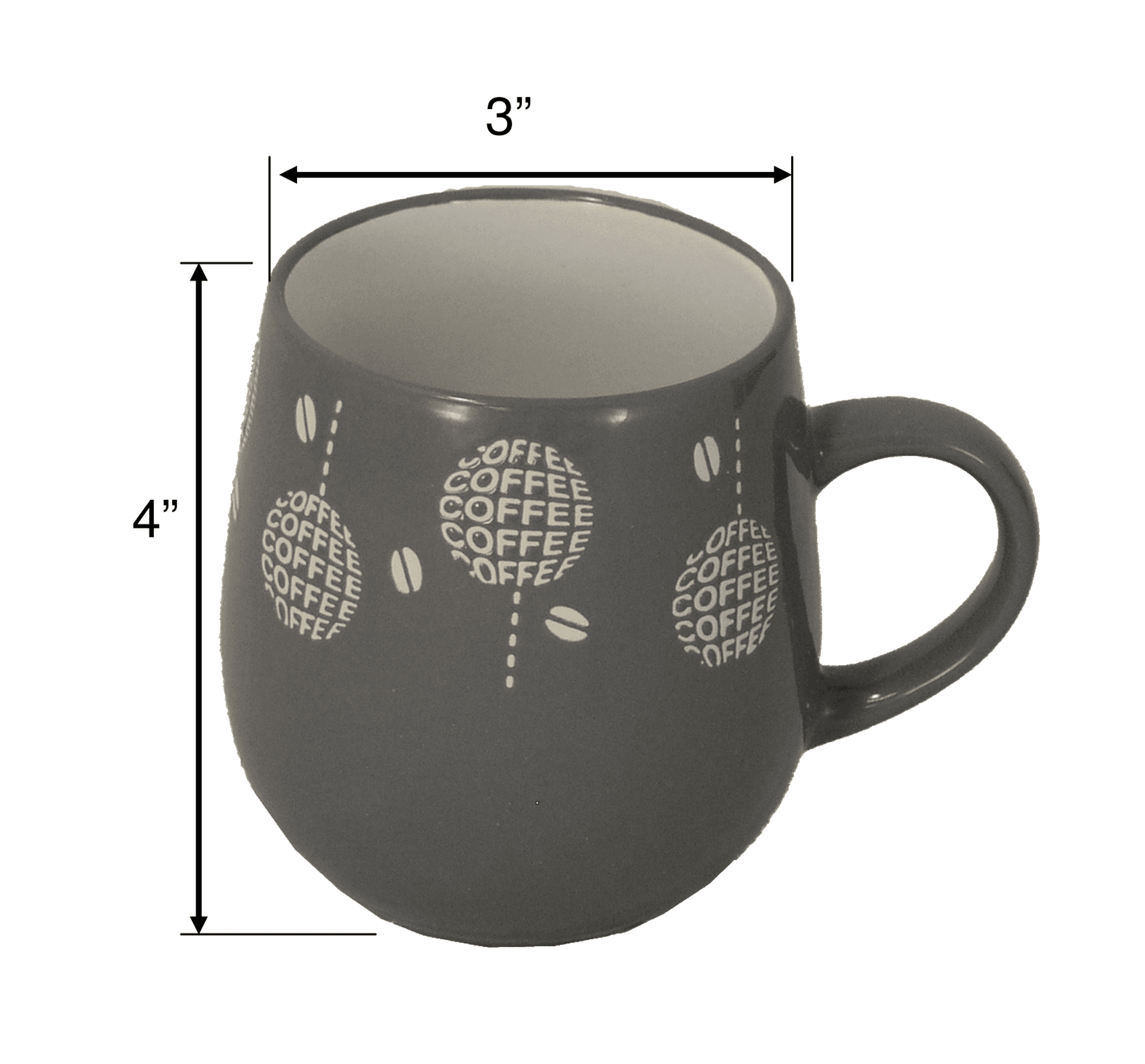 Dark blue coffee mug with repeating “coffee” print and round handle