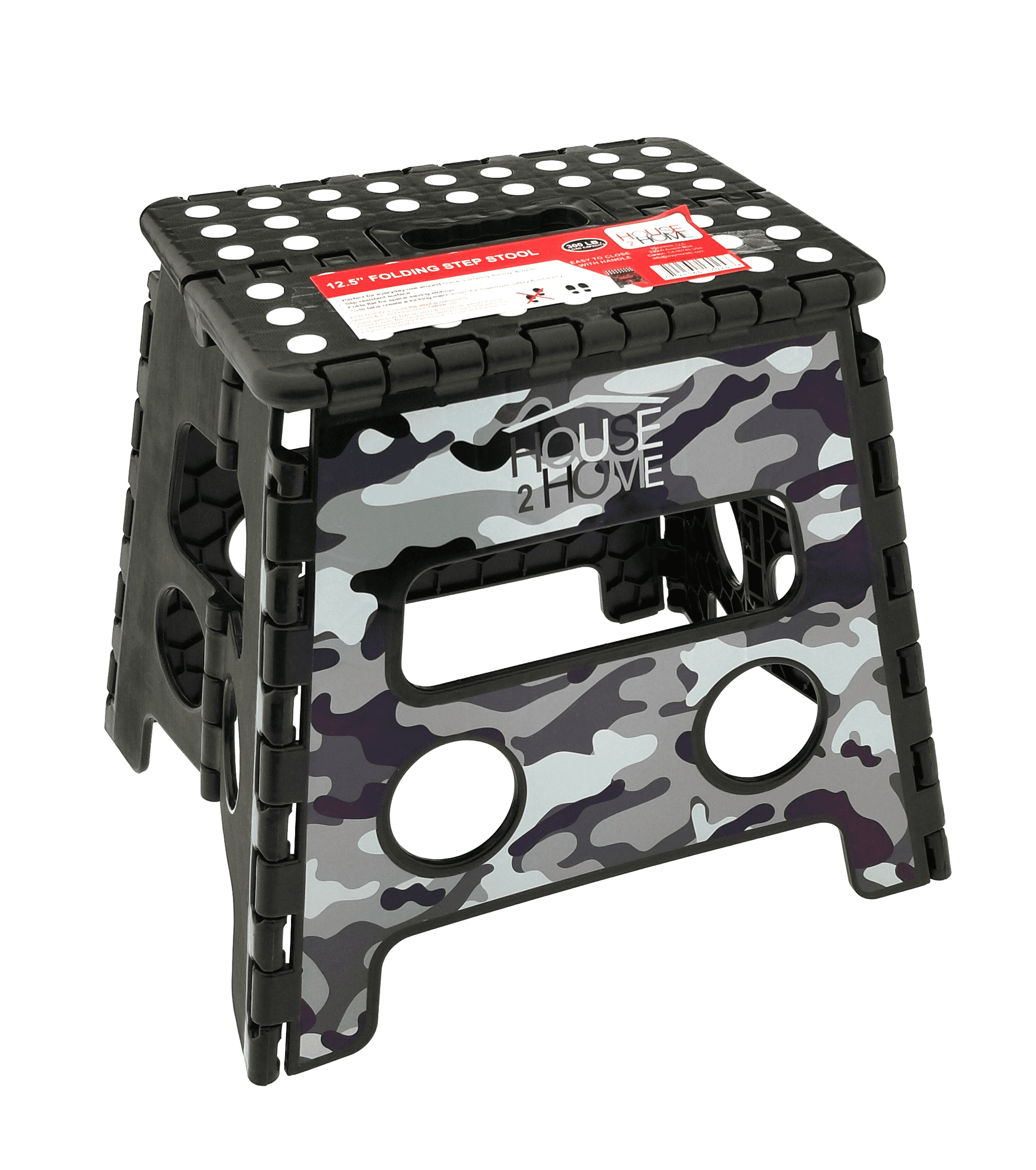 Black camouflage step stool with round cutouts and dot grip top