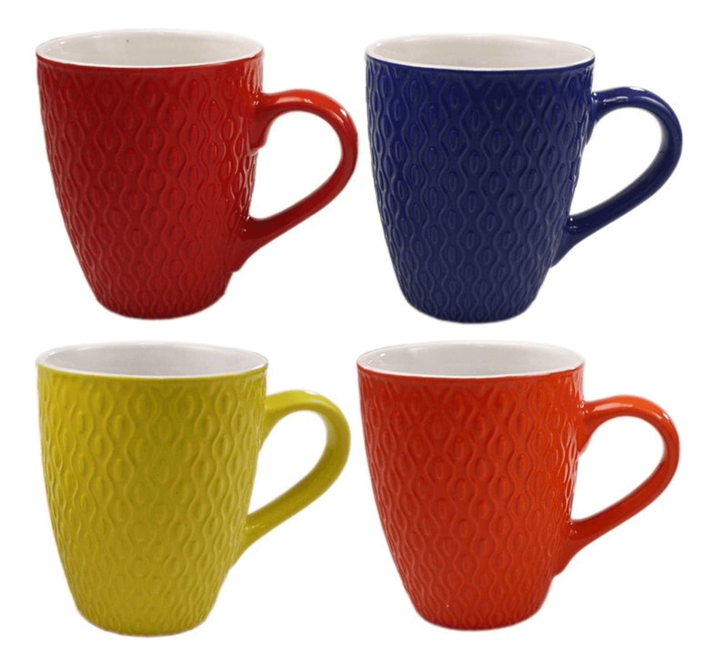 Set of four textured ceramic coffee mugs in red, blue, yellow, and orange