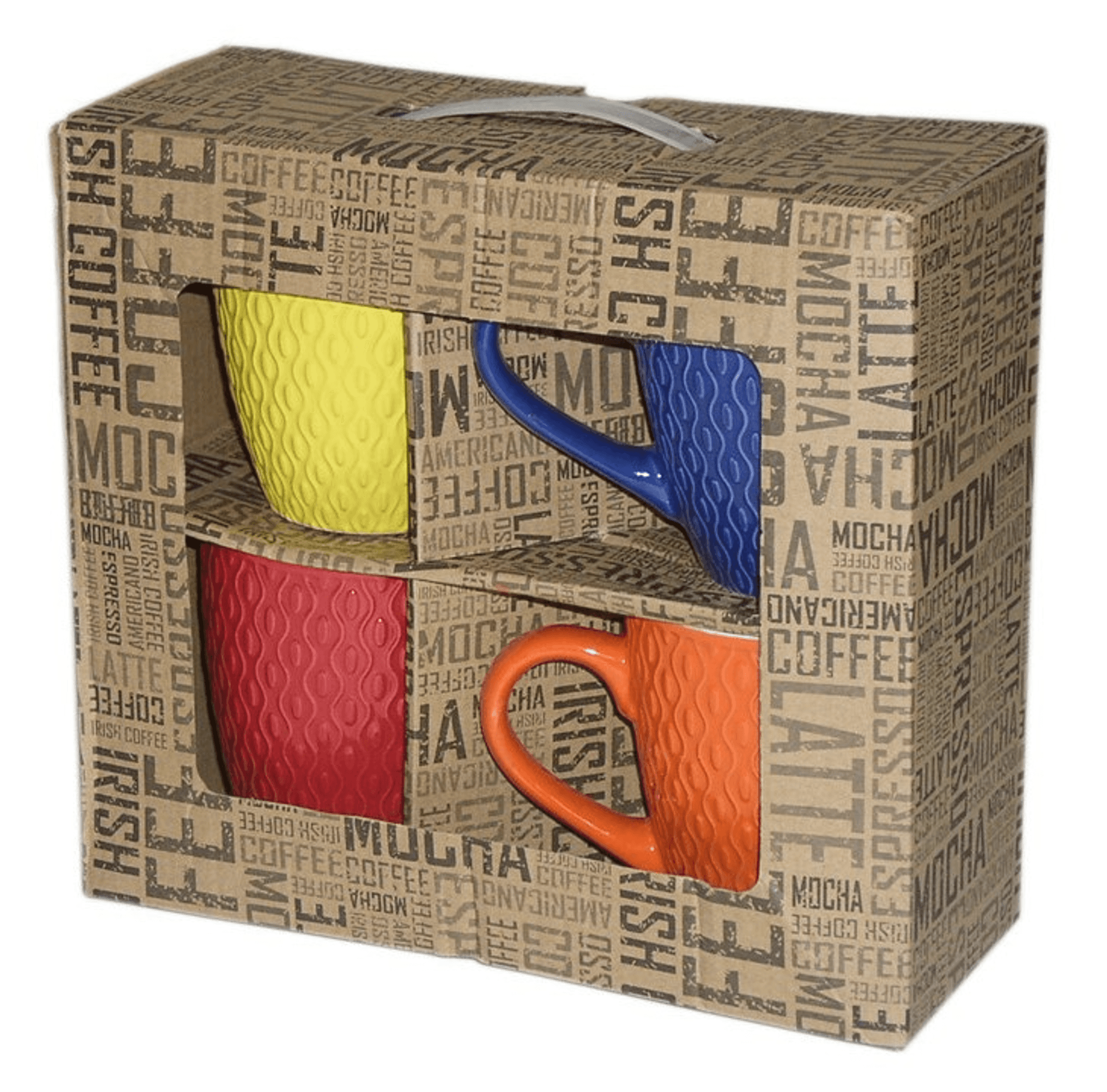 Coffee mug display box with four colored mug cutouts: yellow, blue, red, orange