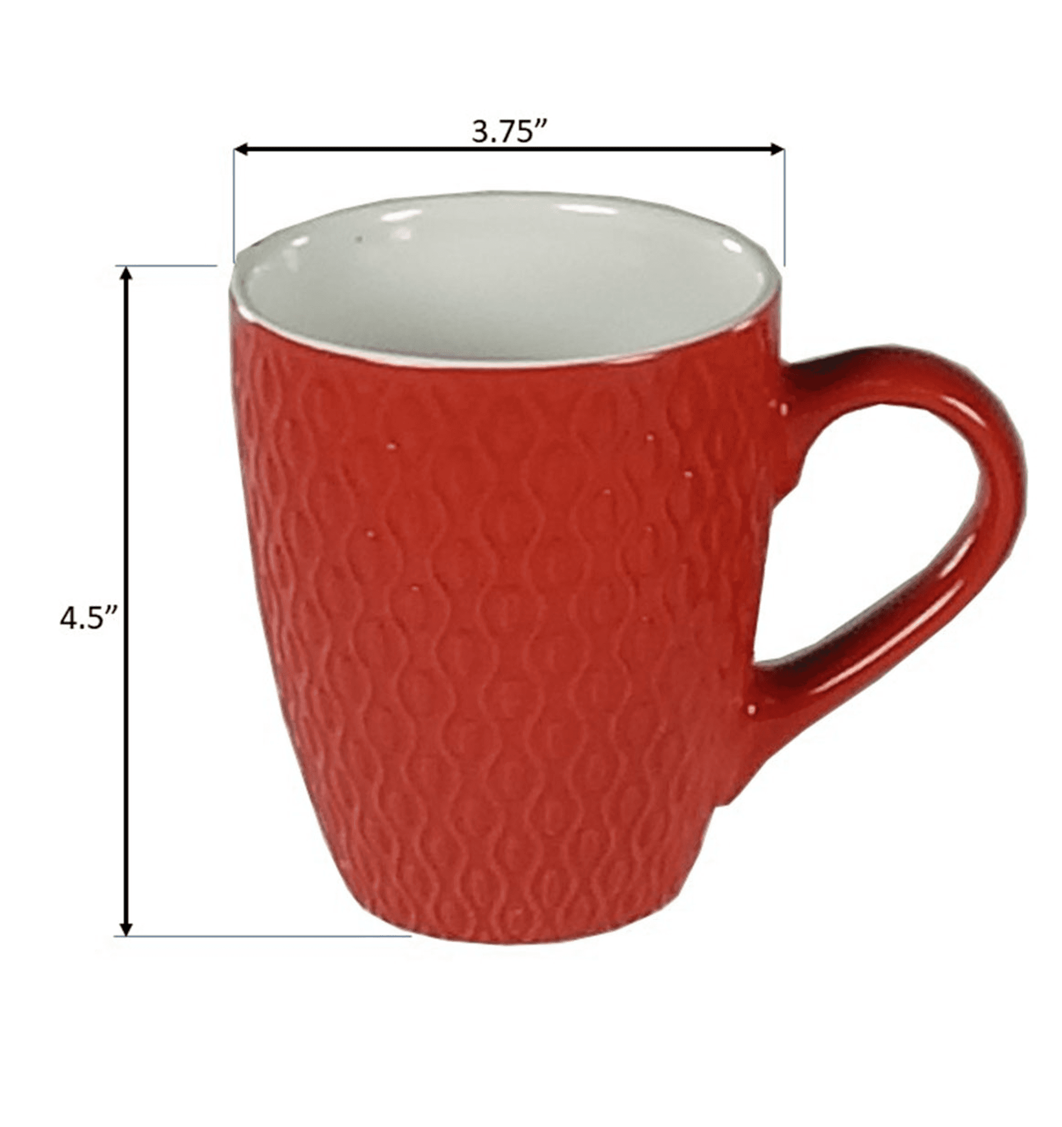 Red textured ceramic coffee mug with C-shaped handle and white rim, 4.5 in tall