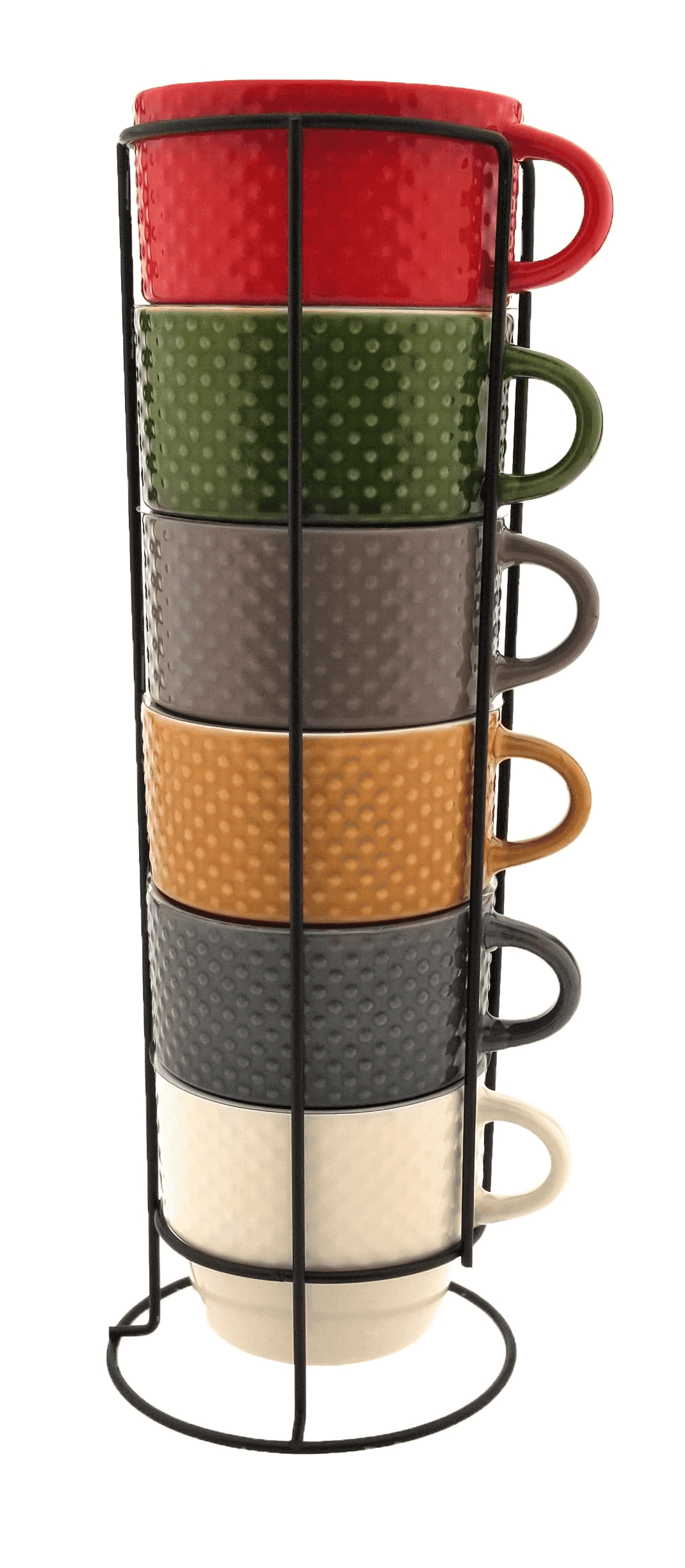 Stackable multicolor coffee mugs with metal stand, dotted pattern in red, green, orange, beige